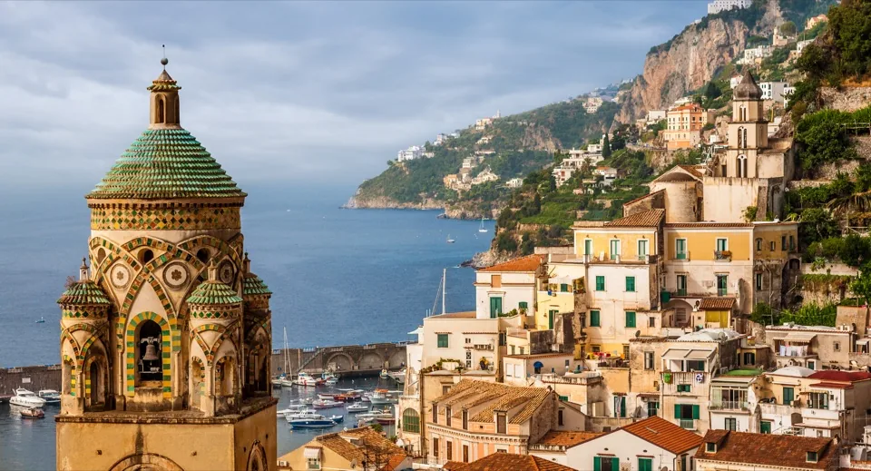 Positano cathedral dome above the Amalfi Coast